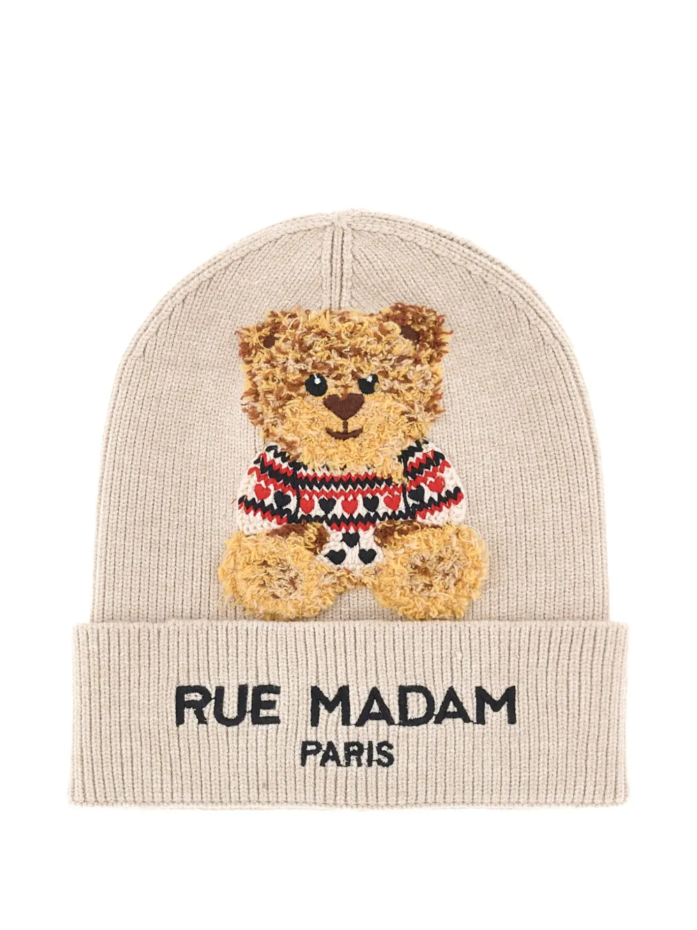 RUE MADAM PARIS teddy-bear patch logo-embroidered beanie hat - Nude