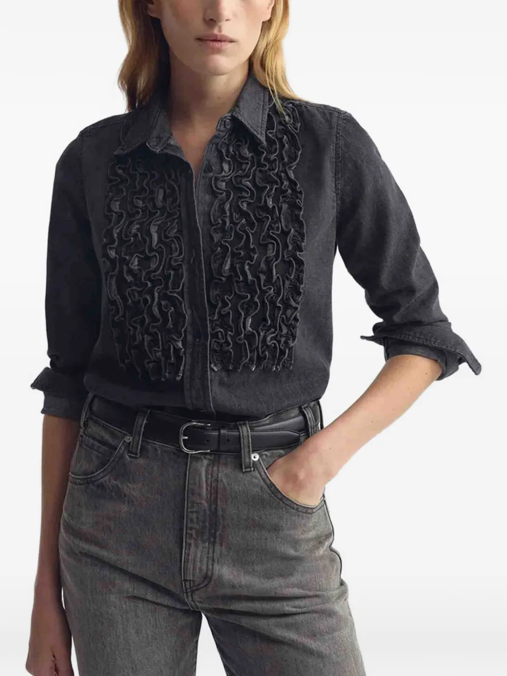 Nili Lotan Emilie ruffled denim shirt Zwart