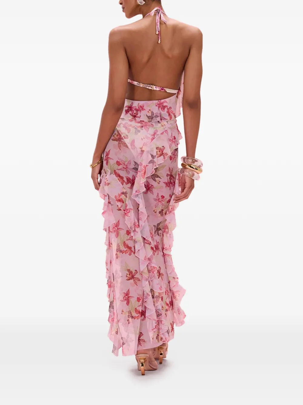 PatBO Orchid Bloom maxi-jurk met bloemen-print uitgesneden details en ruches Roze