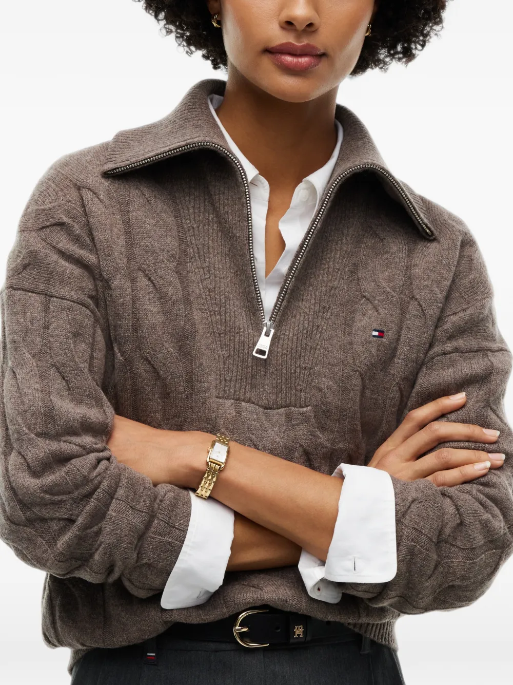Tommy Hilfiger Kabelgebreide trui met kwartrits Bruin
