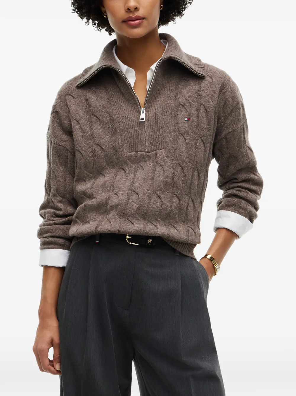 Tommy Hilfiger Kabelgebreide trui met kwartrits Bruin