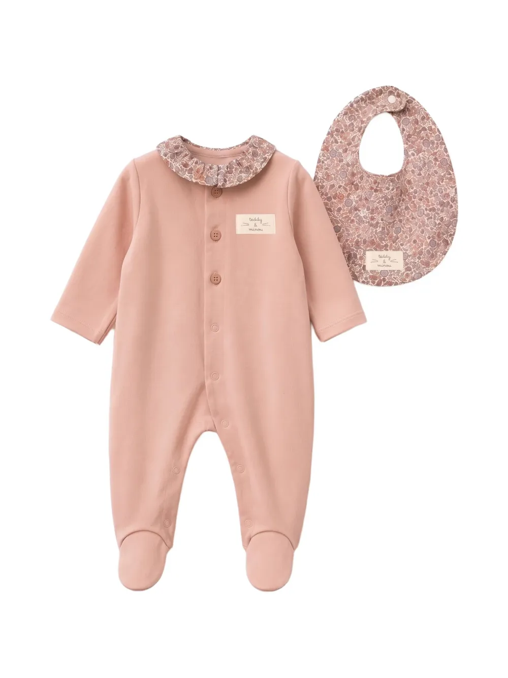 TEDDY & MINOU ruffled floral-print bib and pyjamas set - Rose TEDDY & MINOU ruffled floral-print bib and pyjamas set - Rose