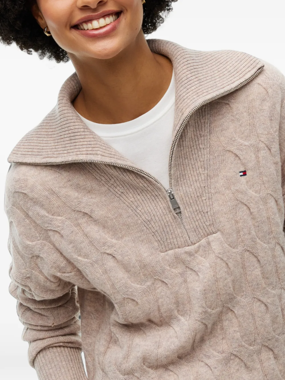 Tommy Hilfiger Kabelgebreide trui met kwartrits Beige