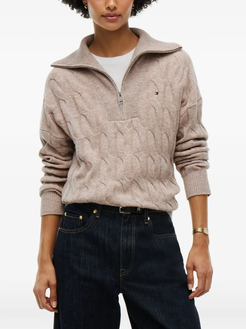 Tommy Hilfiger Kabelgebreide trui met kwartrits Beige