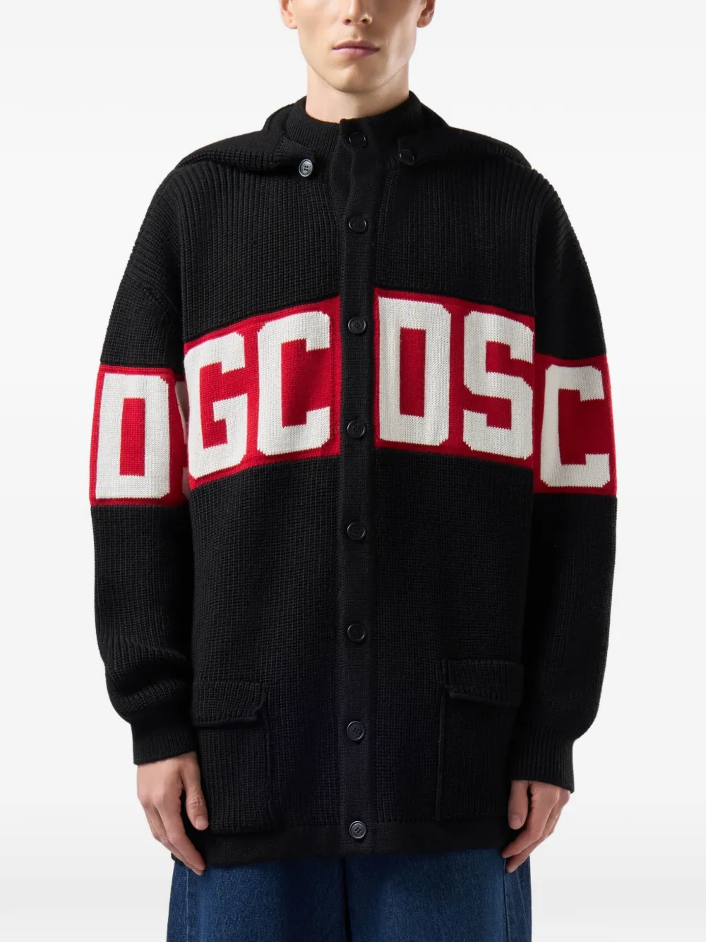 GCDS Ribgebreide hoodie met logo-band Zwart
