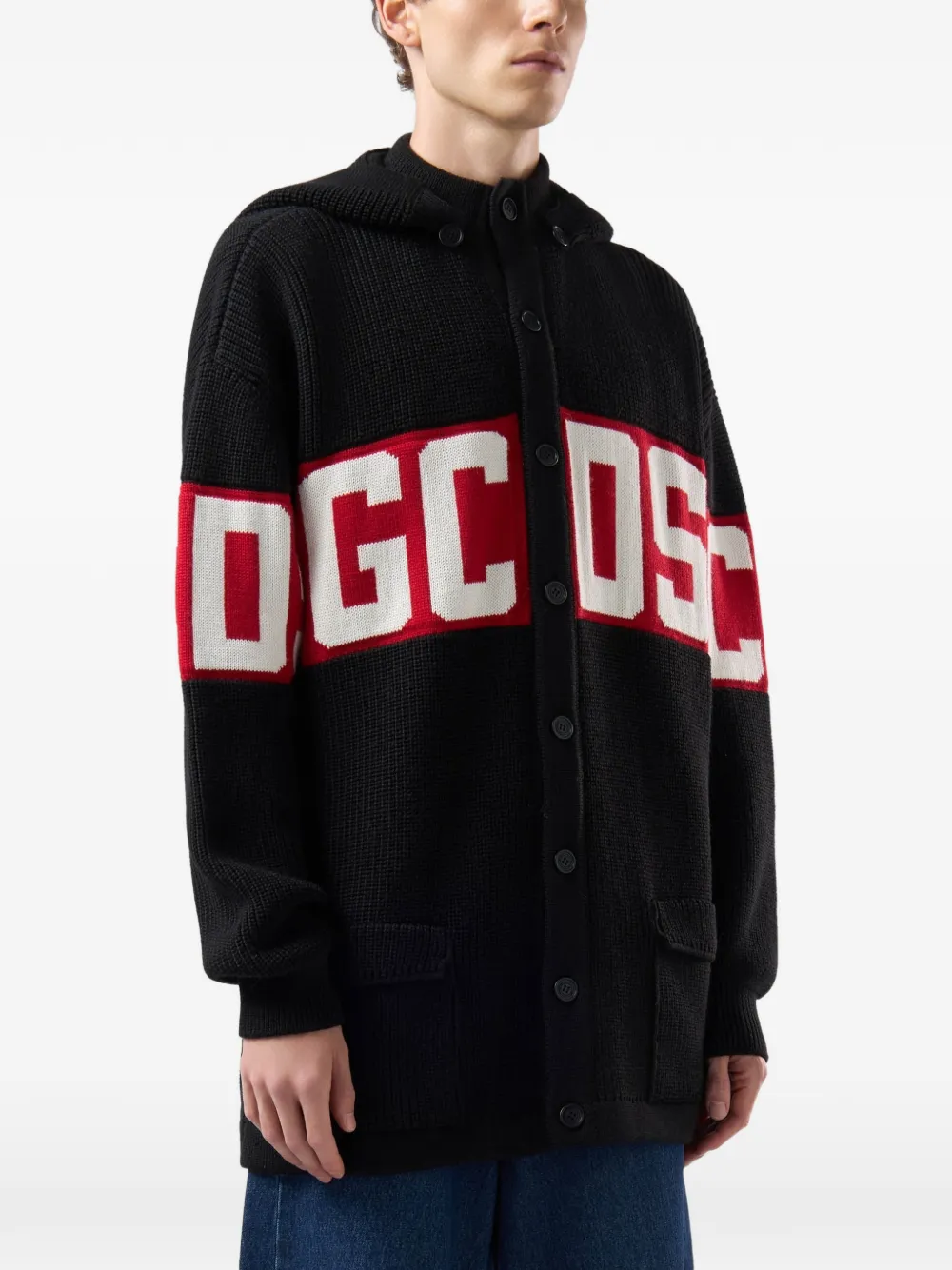 GCDS Ribgebreide hoodie met logo-band Zwart