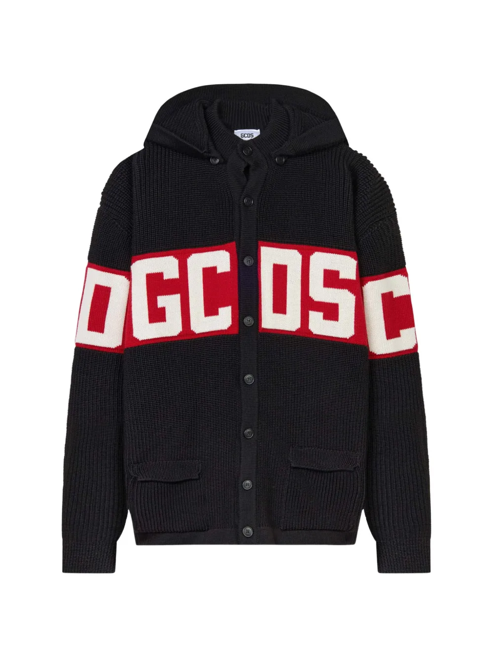 Gcds Logo-band Ribbed-knit Hoodie In Black