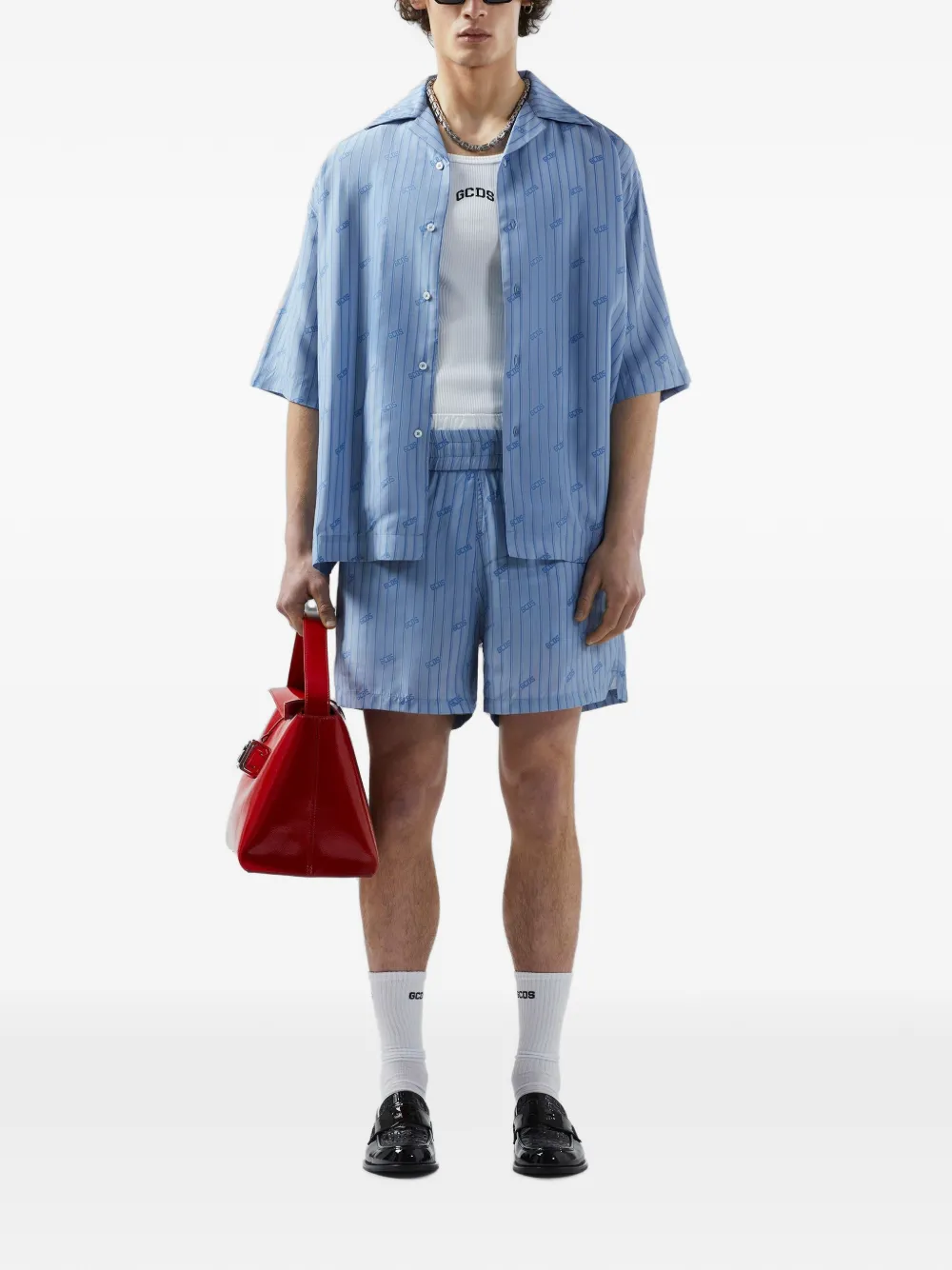 GCDS Shorts met krijtstreep en logo-print Blauw
