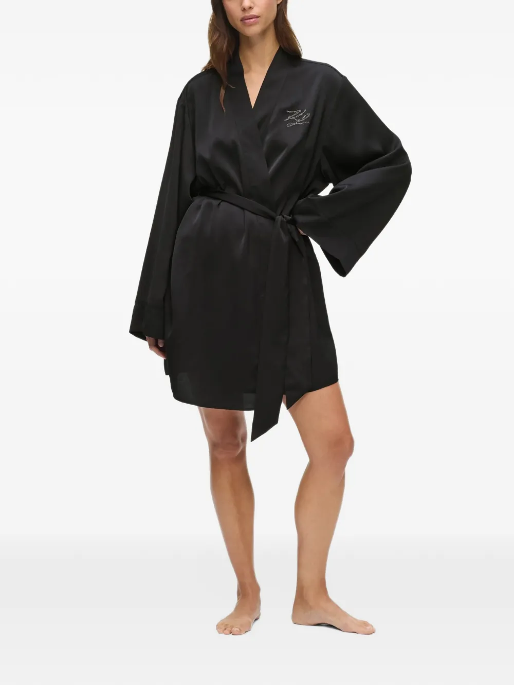 Karl Lagerfeld rhinestone-logo belted dressing gown Zwart