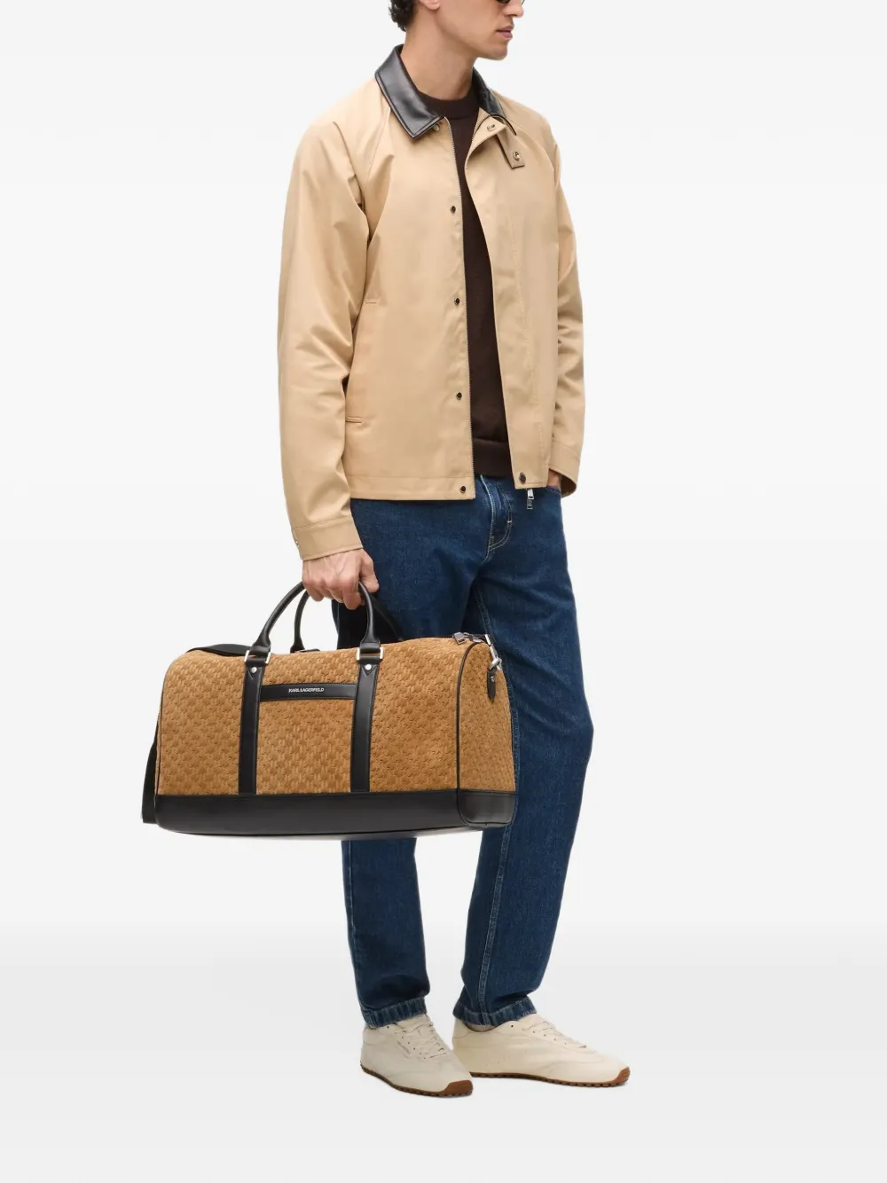 Karl Lagerfeld monogram suede weekender bag Bruin