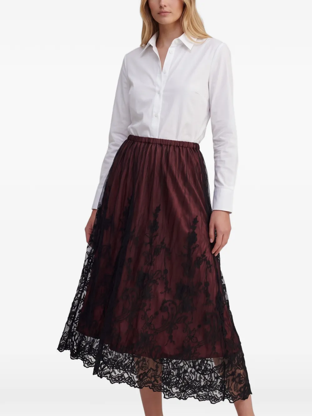 La Perla Vintage lace-overlay pleated midi skirt - Rosso