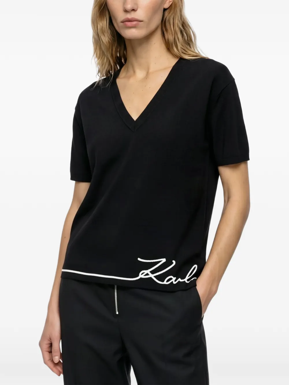 Karl Lagerfeld Signature V-neck T-shirt Zwart