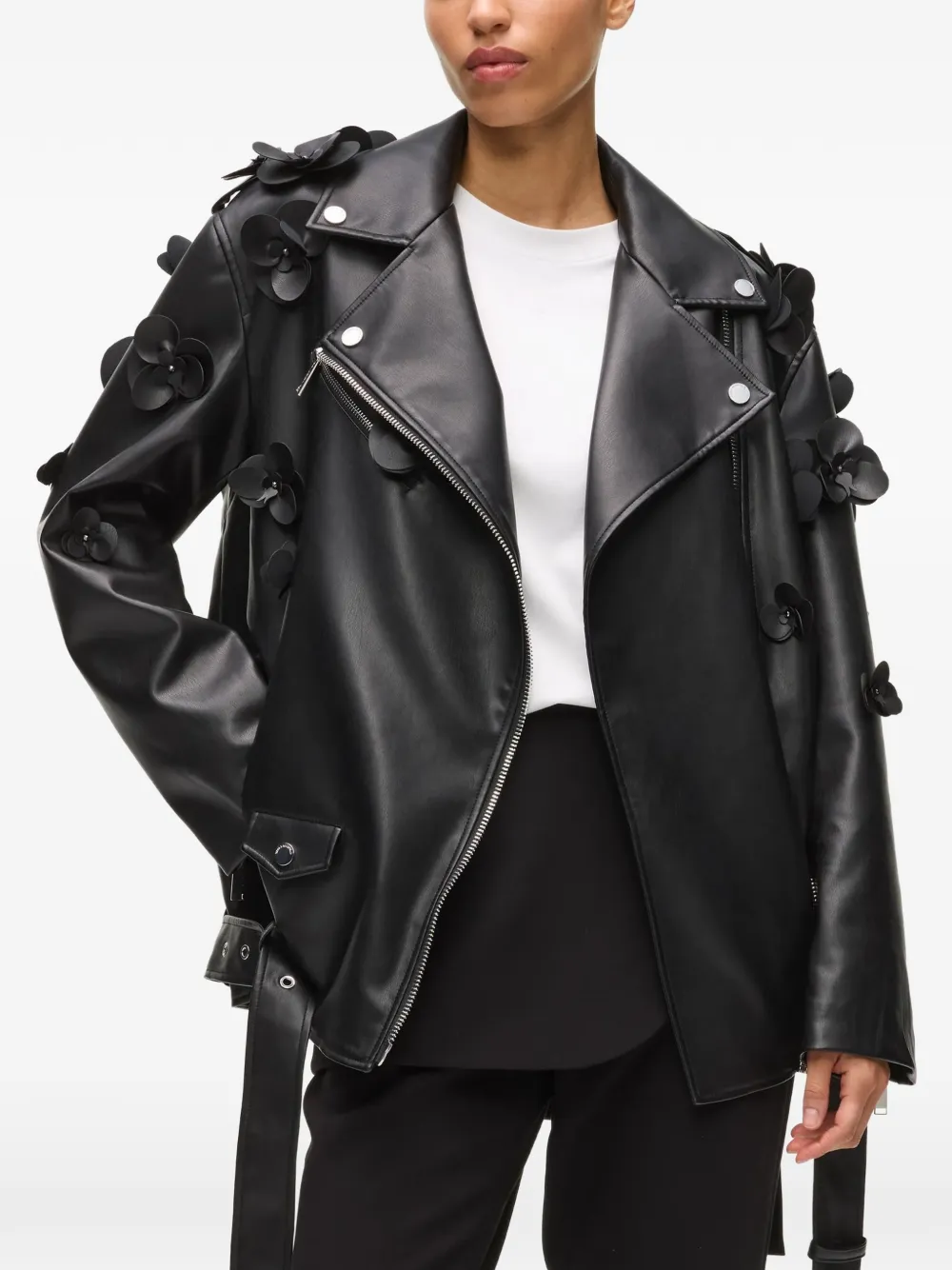 Karl Lagerfeld floral-appliqué biker jacket Zwart