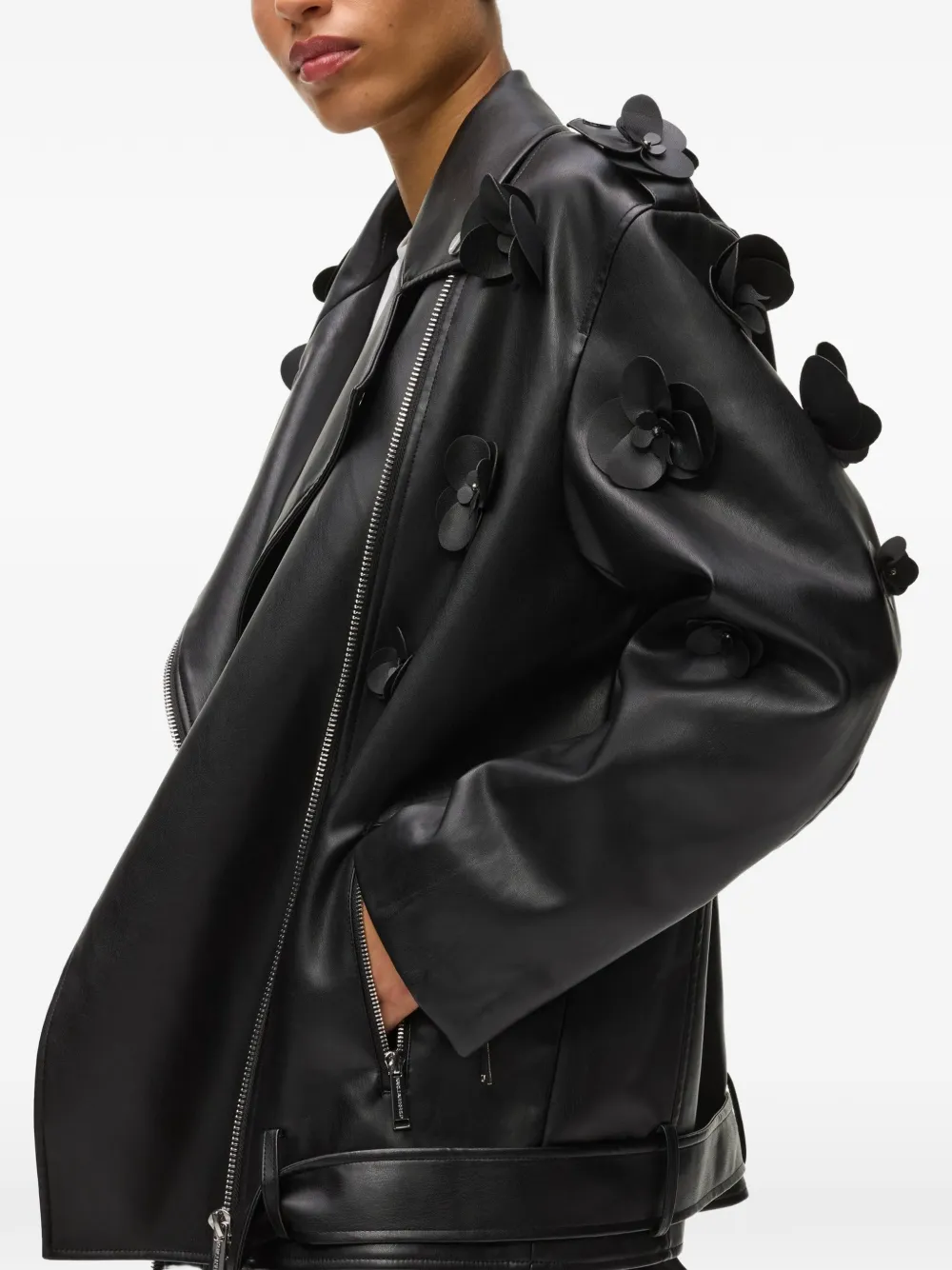 Karl Lagerfeld floral-appliqué biker jacket Zwart