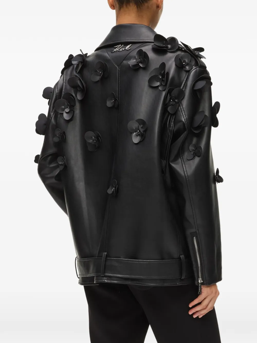Karl Lagerfeld floral-appliqué biker jacket Zwart