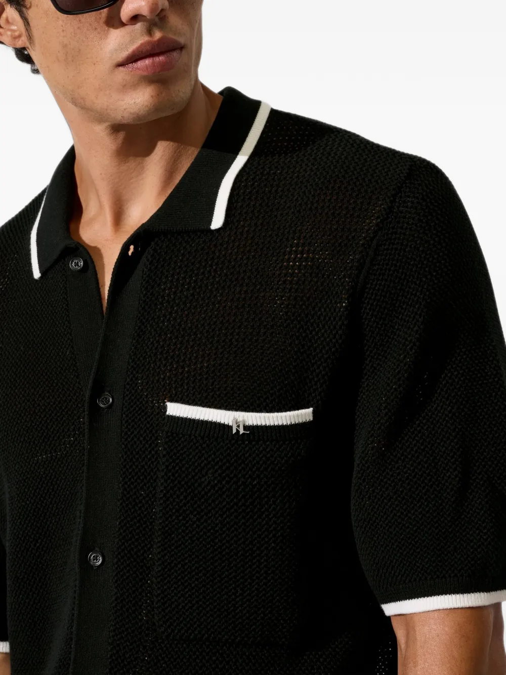 Karl Lagerfeld monogram-pin crochet shirt Zwart