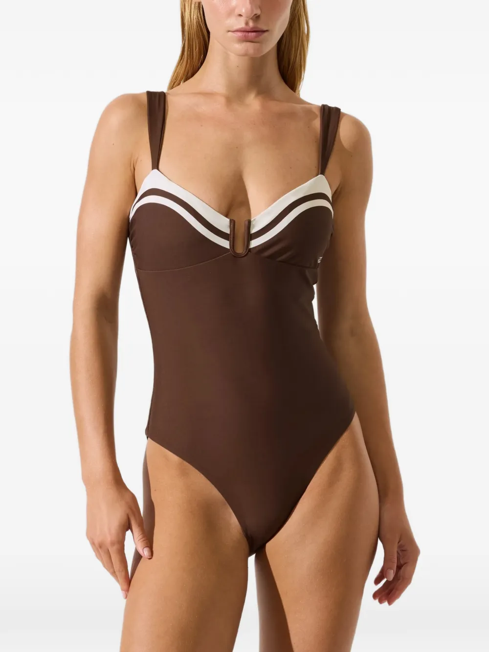 Karl Lagerfeld Signature contrast-trim swimsuit Bruin