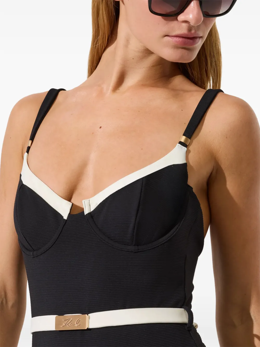 Karl Lagerfeld Signature belted swimsuit Zwart