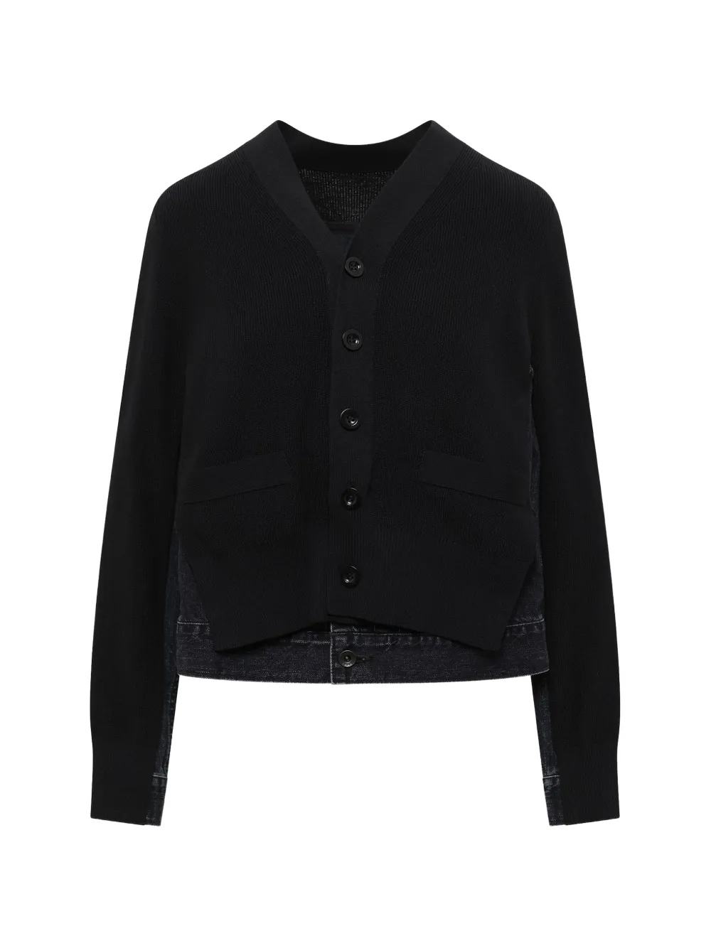 Sacai Denim-panelled Knit Cardigan In Black