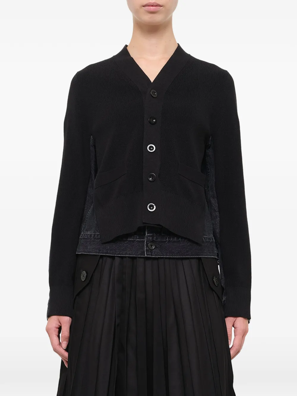sacai denim-panelled knit cardigan Zwart