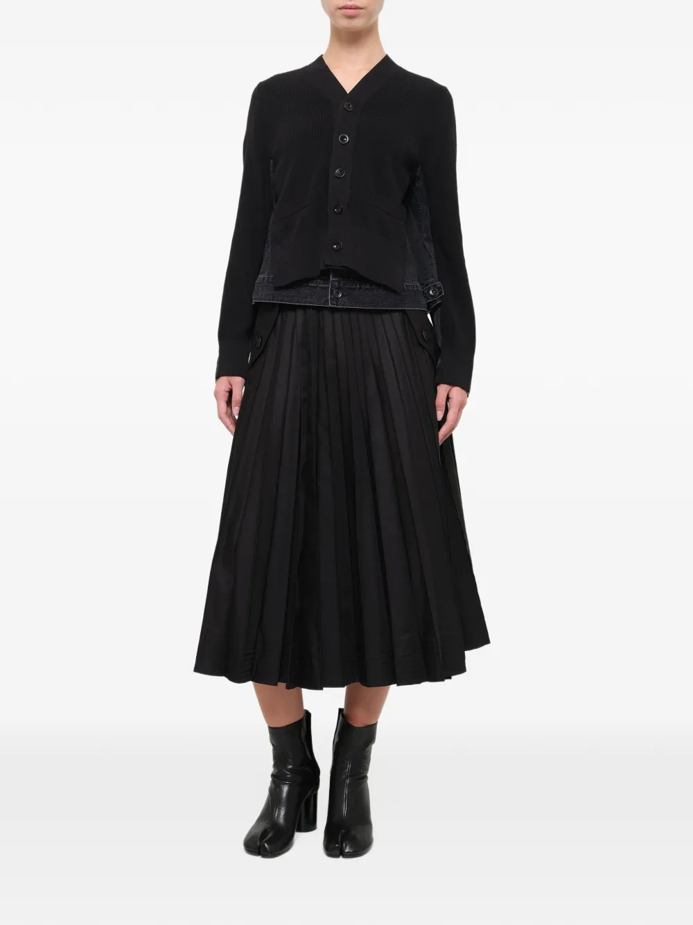 sacai denim-panelled knit cardigan Zwart