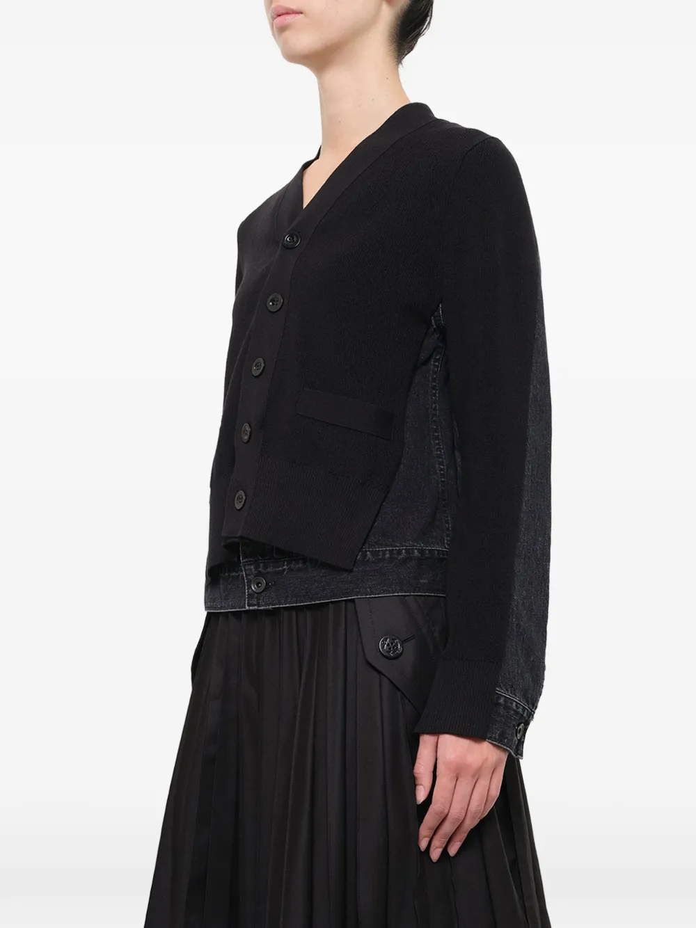 sacai denim-panelled knit cardigan Zwart