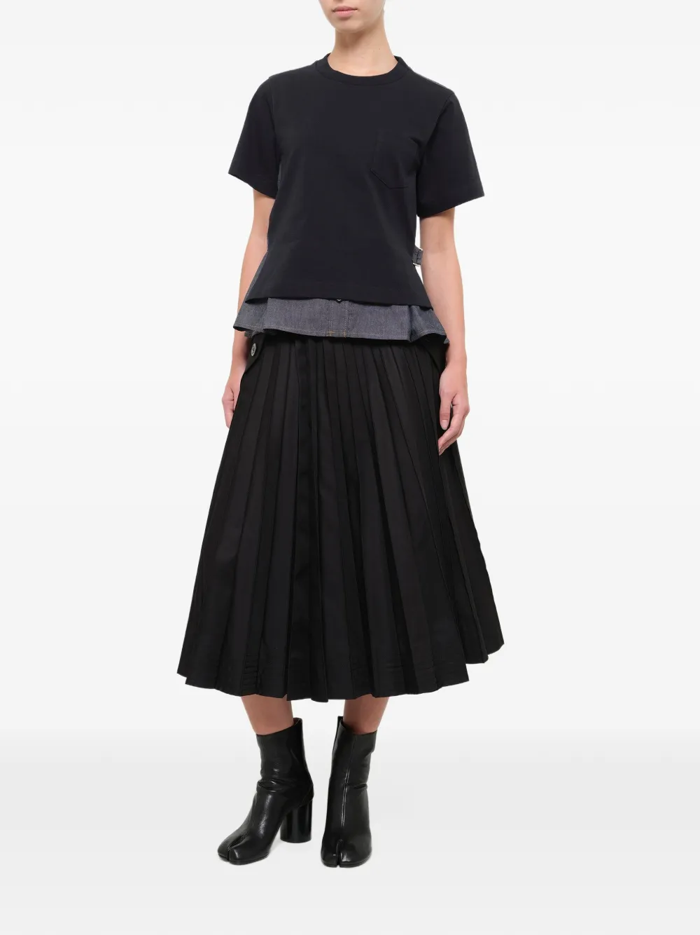 sacai denim-panelled cotton T-shirt Blauw