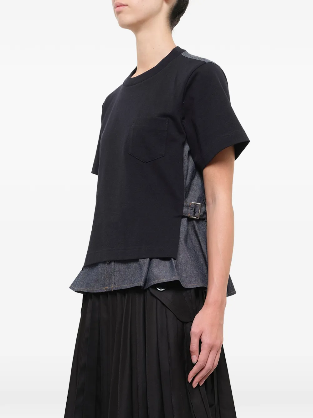 sacai denim-panelled cotton T-shirt Blauw