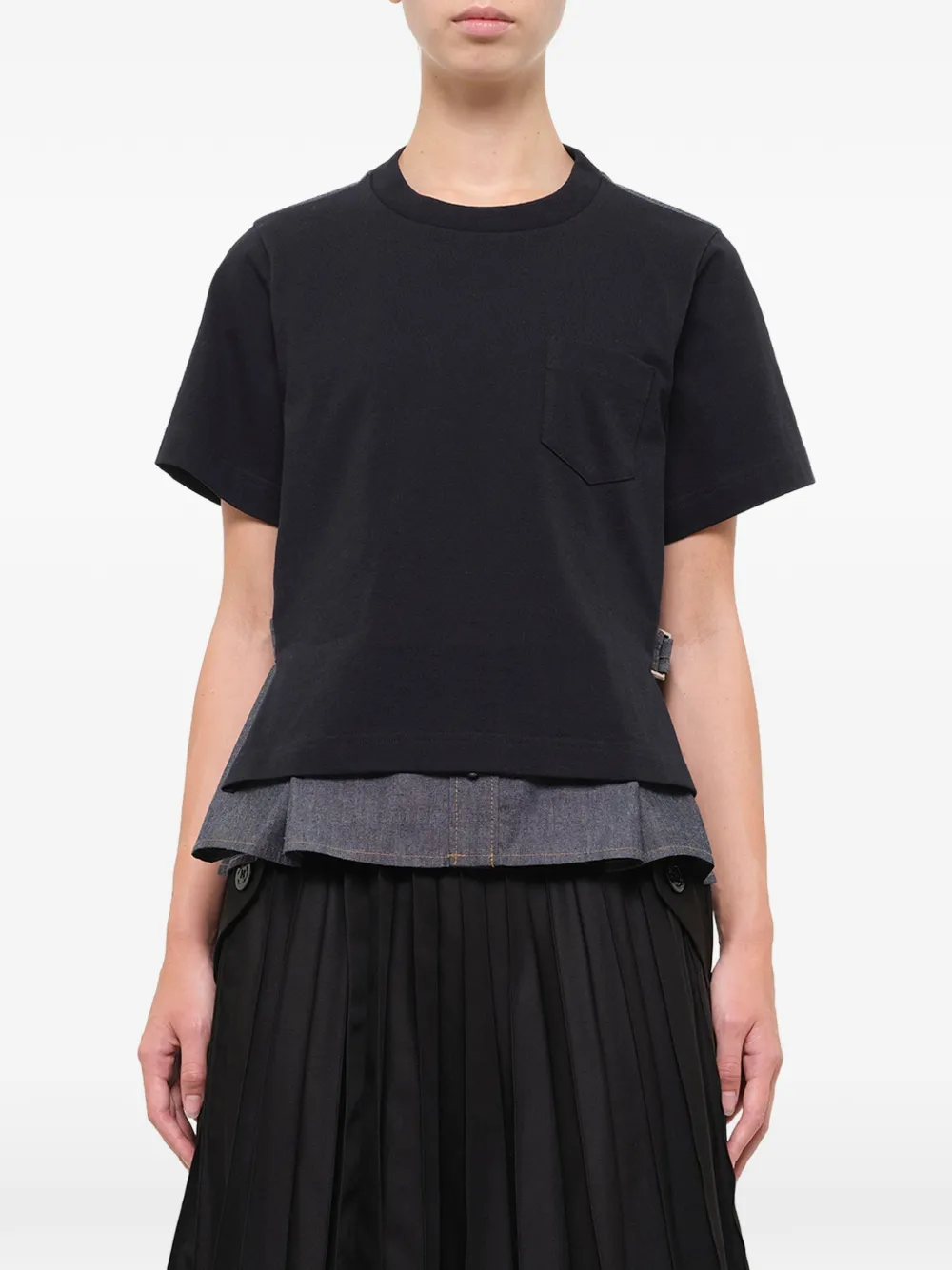 sacai denim-panelled cotton T-shirt Blauw