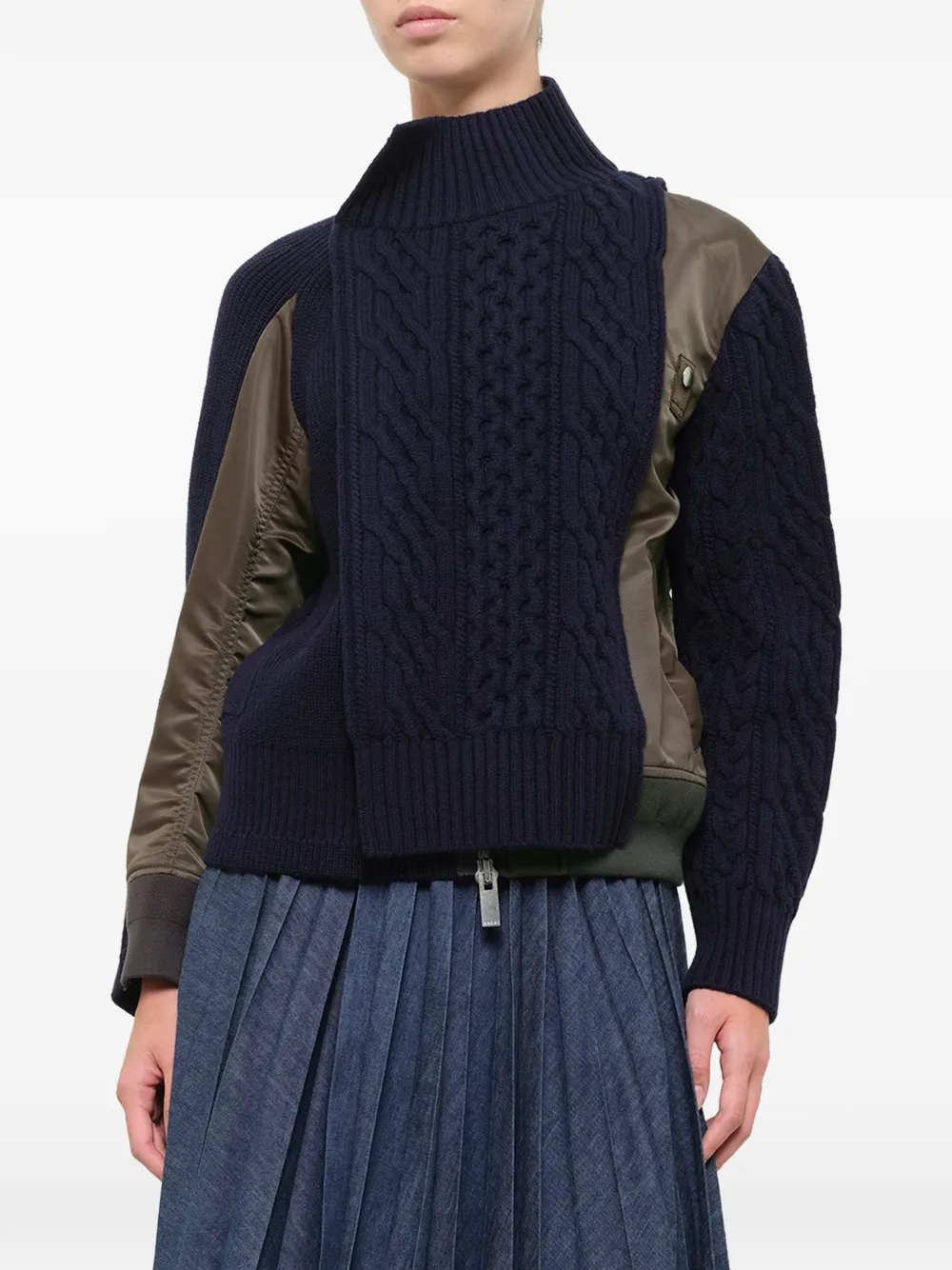 sacai cable-knit panelled jacket Blauw