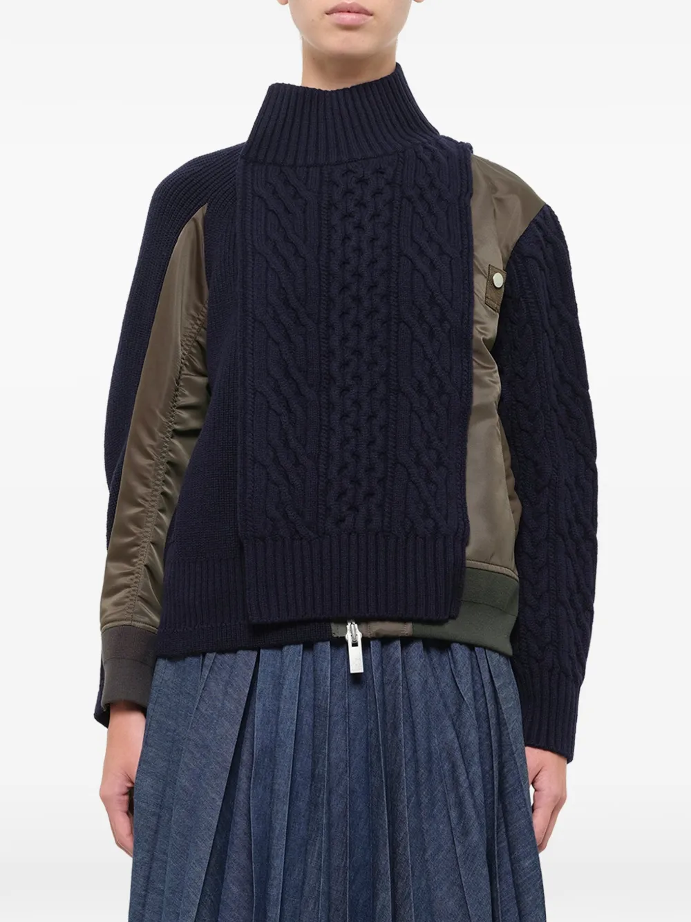 sacai cable-knit panelled jacket Blauw