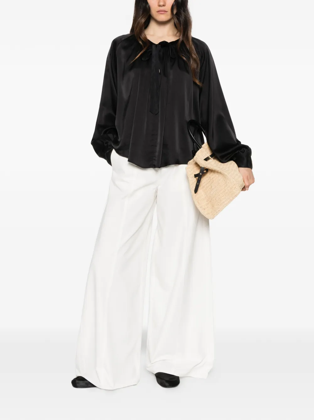 Forte velvet-ribbon silk-satin shirt Zwart