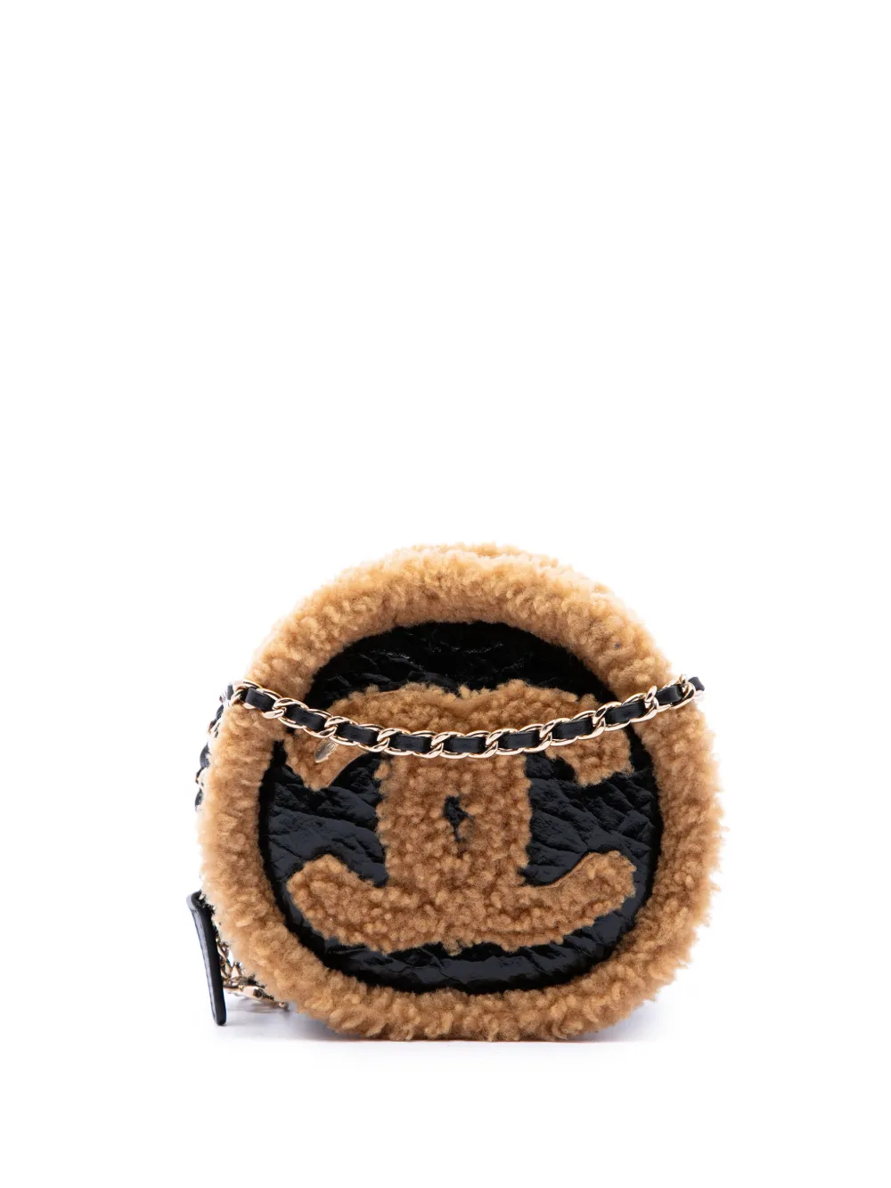CHANEL Pre-Owned 2019 Shearling Trimmed Shiny Crumpled Sheepskin Round Clutch with Chain crossbody bag - Nero
