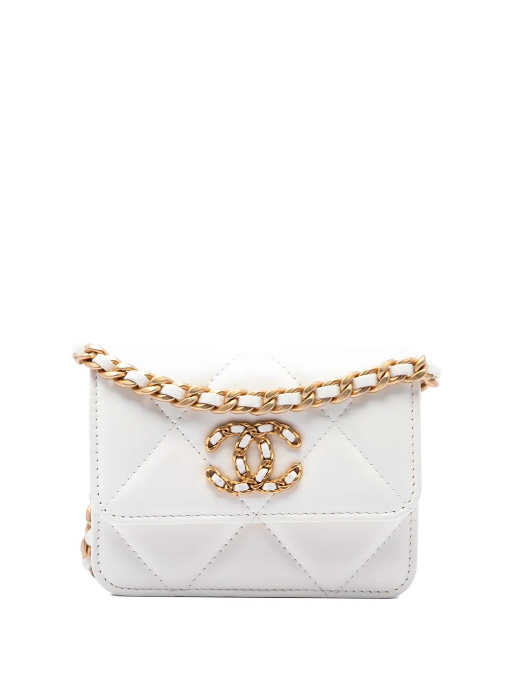CHANEL Pre-Owned 2021 Quilted Lambskin 19 Flap Coin Purse With Chain crossbody bag - Bianco