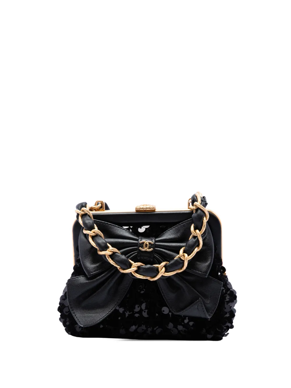 CHANEL Pre-Owned 2021-2026 Tweed and Lambskin Sequin Bow Clutch With Chain crossbody bag - Nero