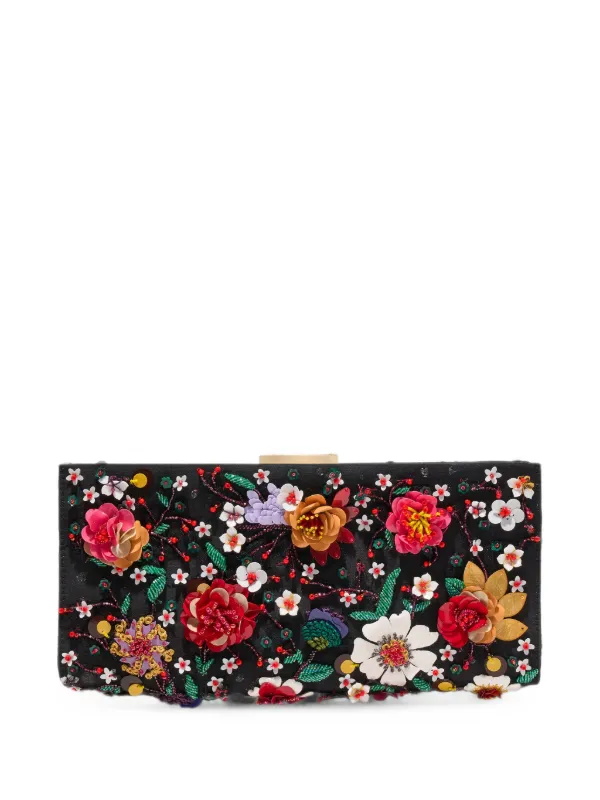 Carolina Herrera Pats Floral-embroidered Satin Clutch Bag in Black