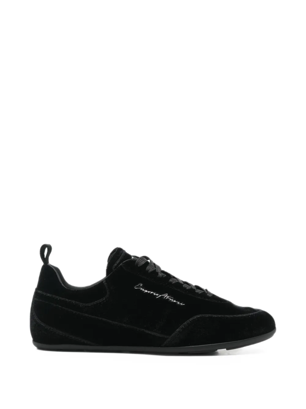Emporio Armani velvet-effect logo-embroidered sneakers - Schwarz