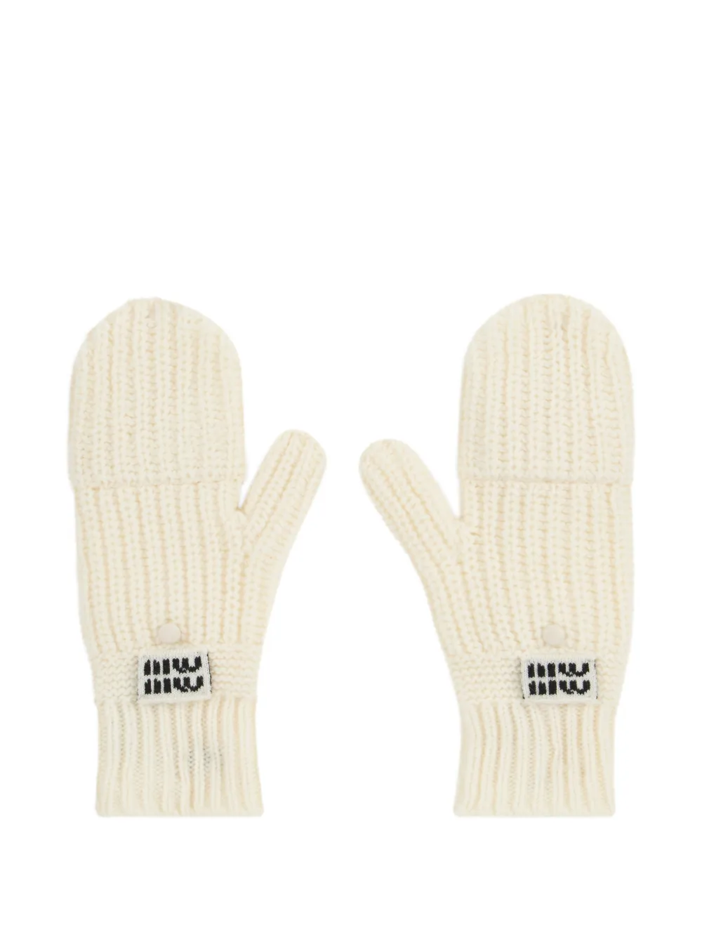 Miu Ribgebreide wanten met logo-patch Beige