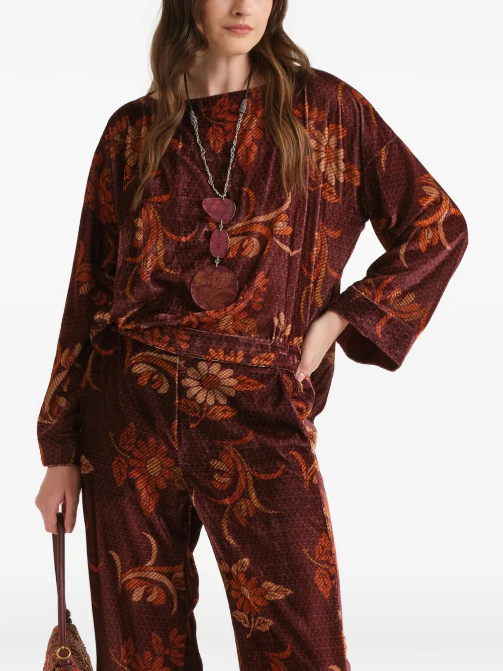 MALIPARMI floral-print velvet blouse - Red