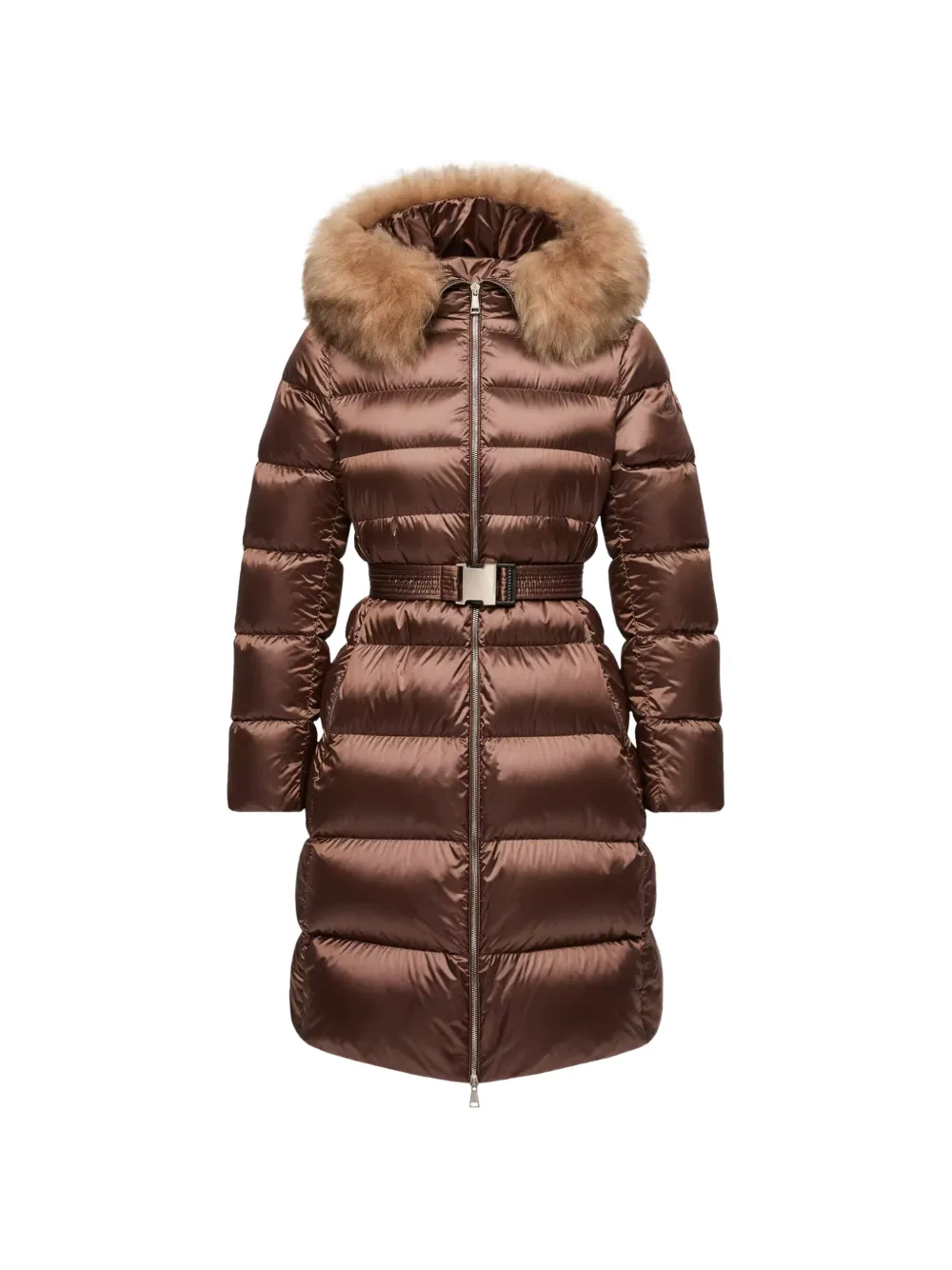 Moncler Leersies lange donsjas met lammy afwerking en capuchon Bruin