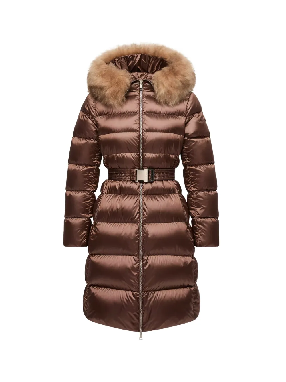 Moncler Leersies lange donsjas met lammy afwerking en capuchon Bruin