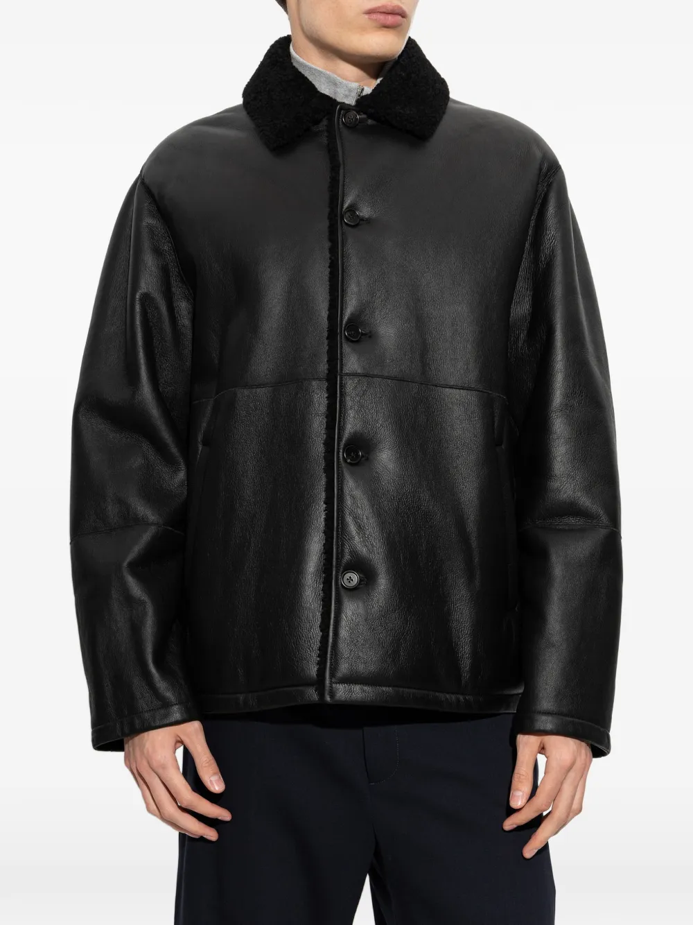 Jil Sander Leren jack met lammy kraag Zwart