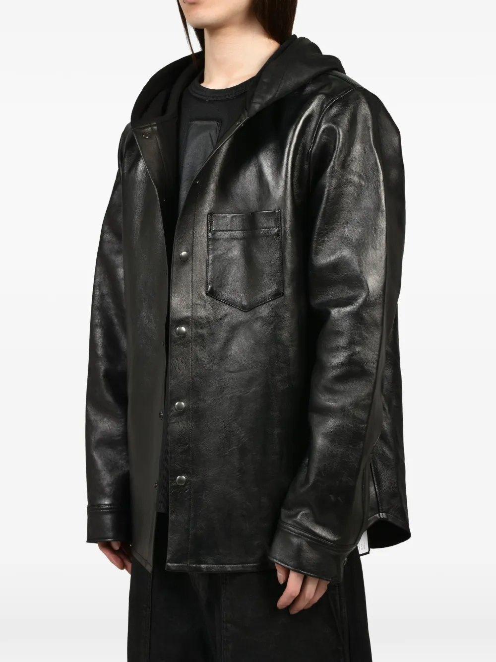 DET BLEV SENT leather hooded jacket Zwart