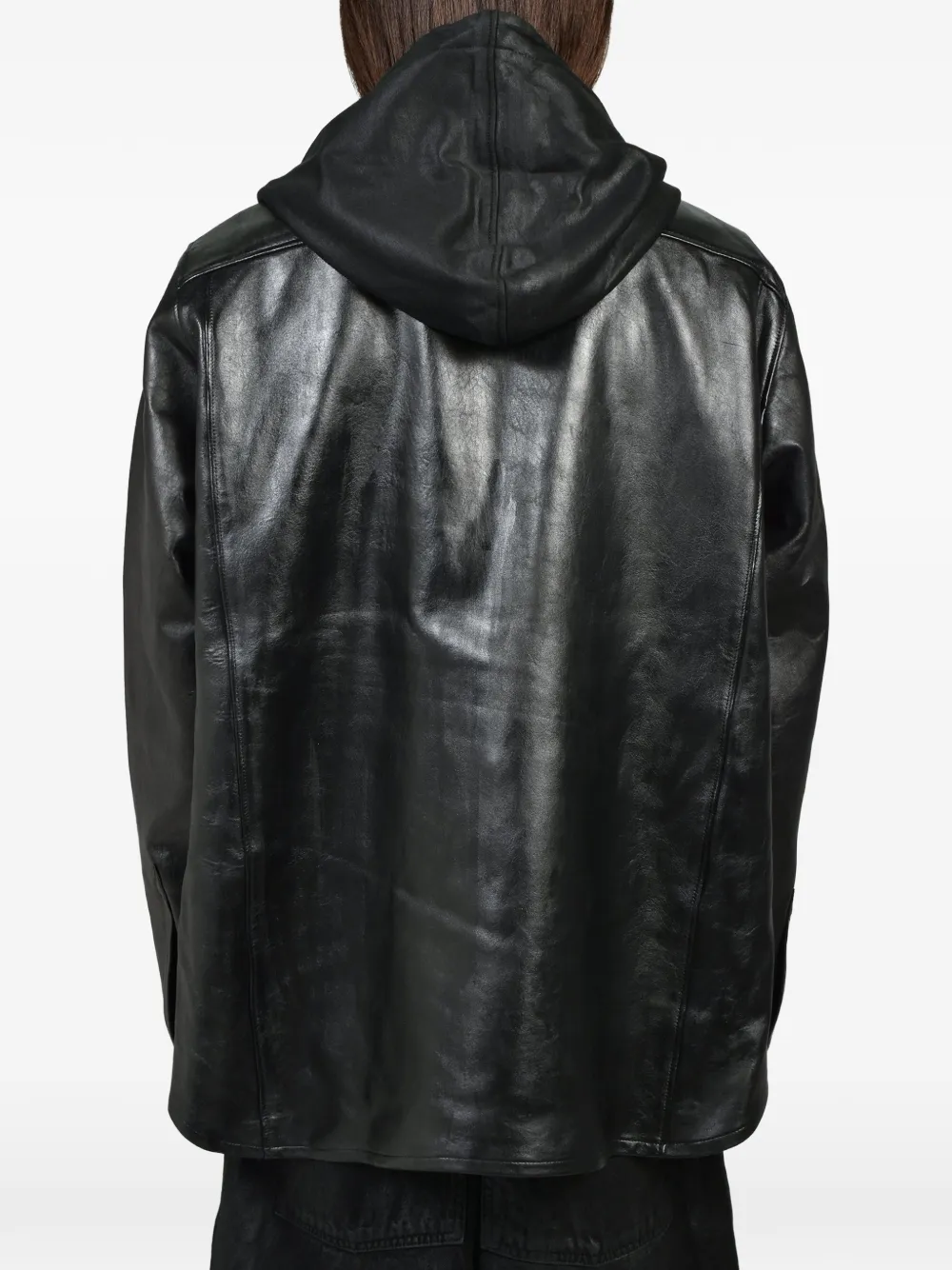 DET BLEV SENT leather hooded jacket Zwart