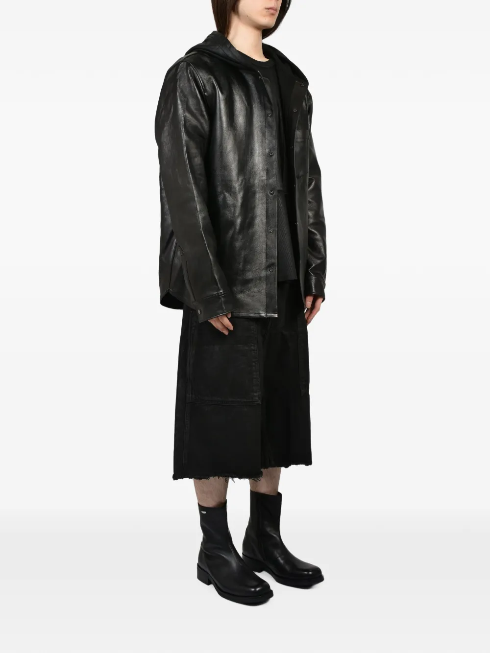 DET BLEV SENT leather hooded jacket Zwart