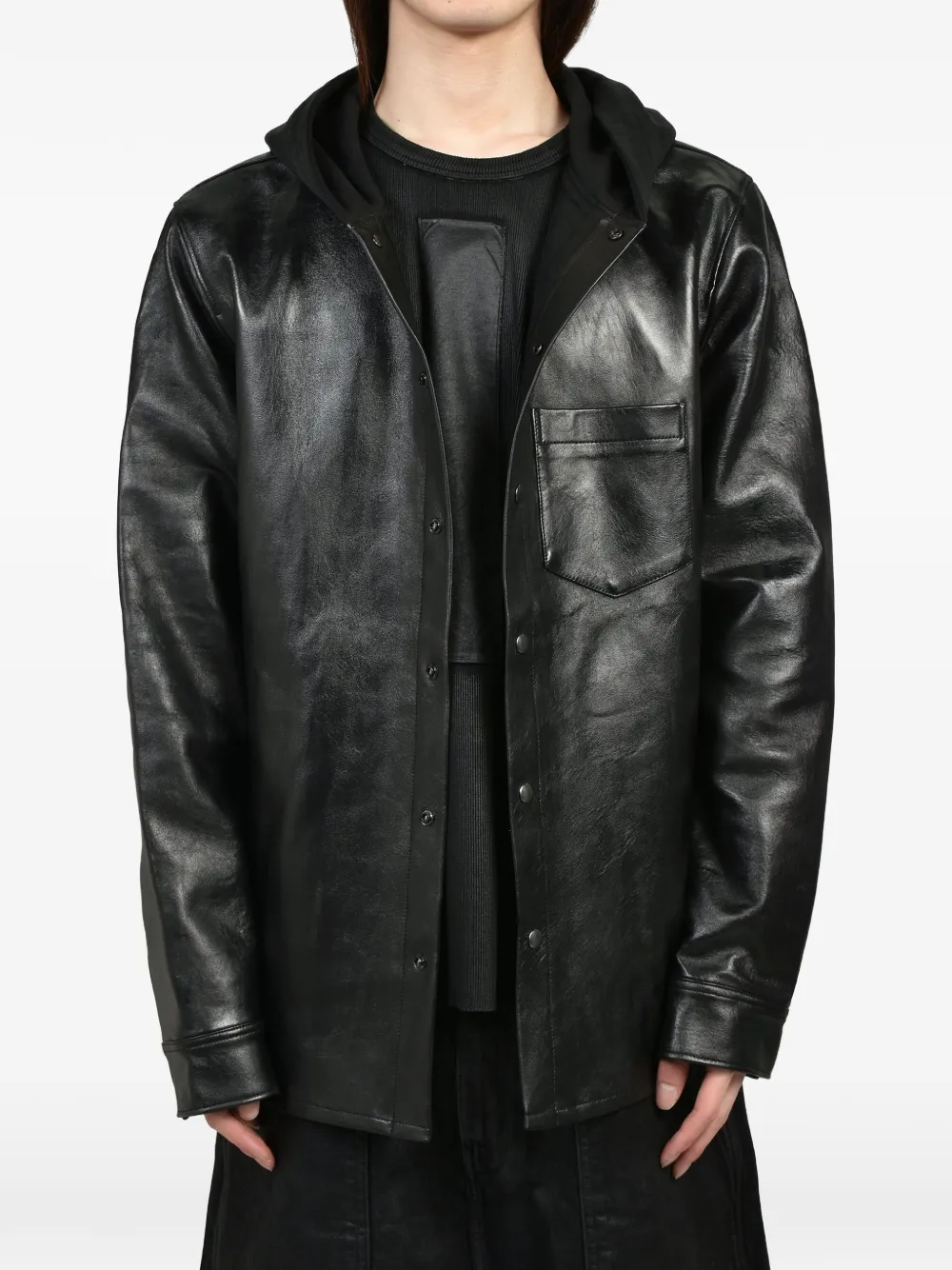 DET BLEV SENT leather hooded jacket Zwart