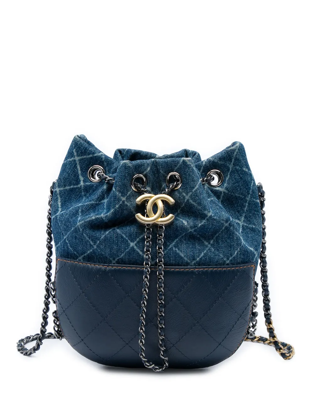 CHANEL Pre-Owned 2018 Small Printed Denim and Quilted Calfskin Gabrielle bucket bag - Blu