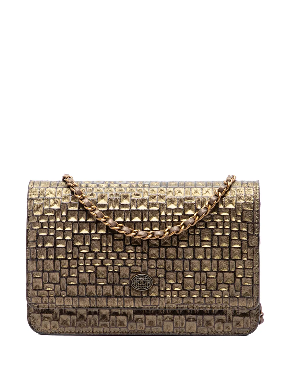 CHANEL Pre-Owned 2013-2014 CC Embossed Metallic Lambskin Wallet on Chain crossbody bag - Gold