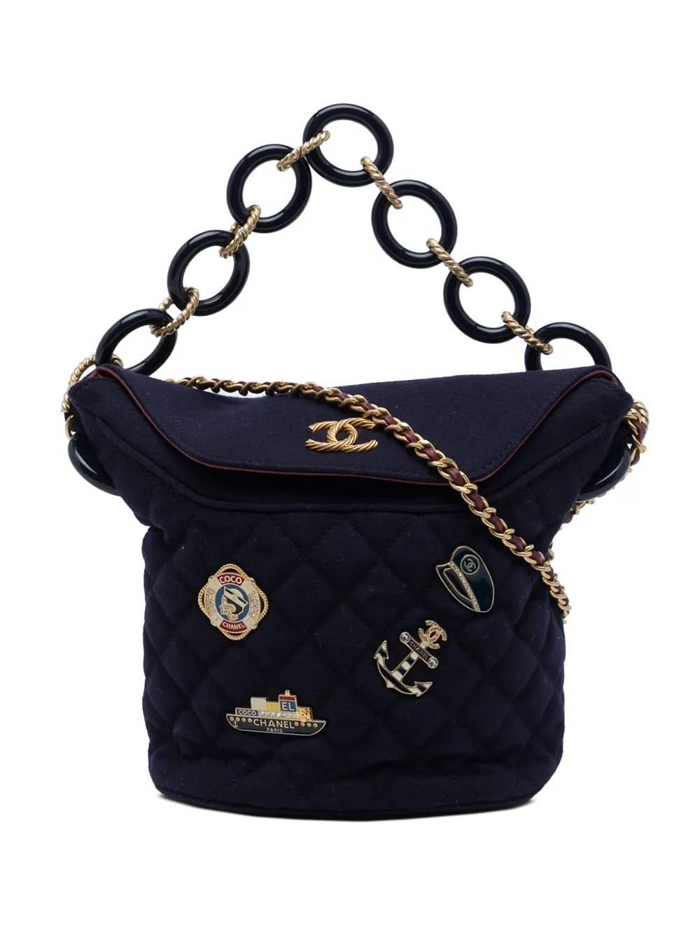 CHANEL Pre-Owned 2018-2019 Paris Hamburg Quilted Wool Charms bucket bag - Blu