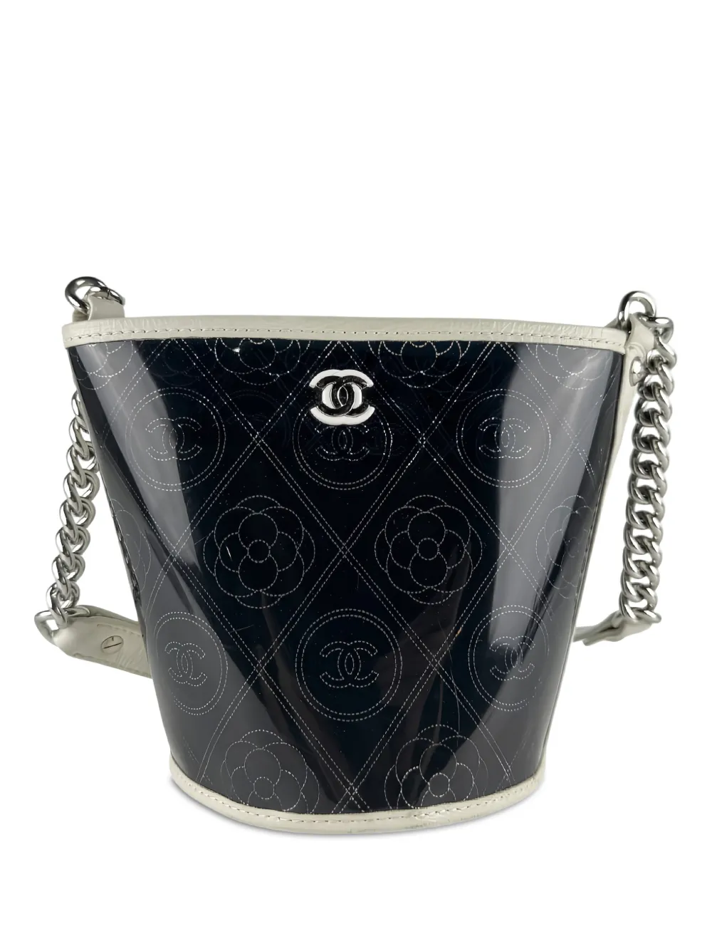 CHANEL Pre-Owned 2018 Small PVC and Crumpled Calfskin Camellia Coco bucket bag - Black